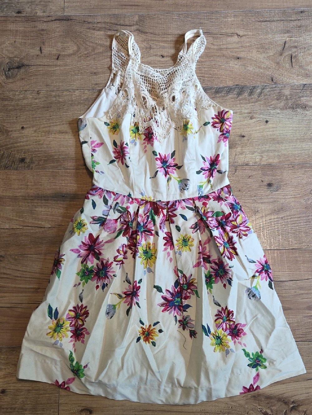 Teeze Me | Cream Floral Sleeveless Dress Crochet Yoke